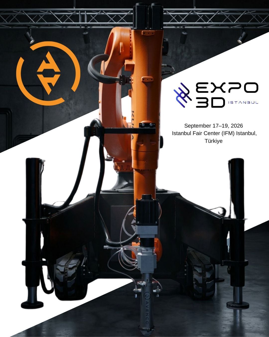 AVENCO robotic large-format 3D printer with KUKA robot arm on mobile platform, promotional banner for Expo 3D Istanbul 2026