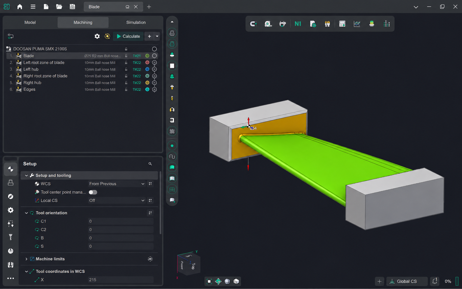ENCY CAM — blade and hub surface groups in the operations tree