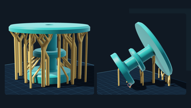 Part with a forest of tree supports next to the same part tilted with far fewer supports