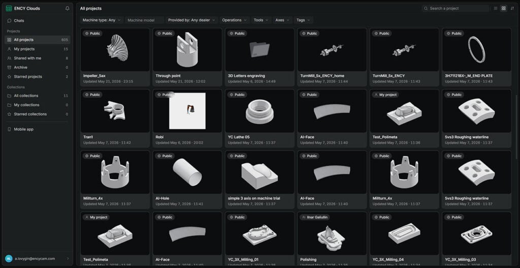 ENCY Clouds — redesigned project viewer with model, tools, operations, and parameters panels
