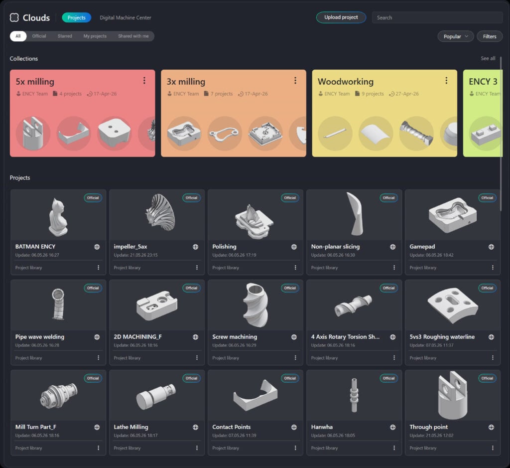 ENCY Clouds Projects dashboard — Collections and browsable project library