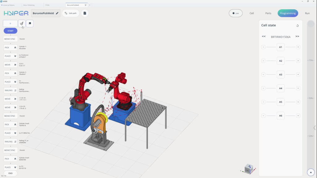 ENCY Hyper programming interface for a dual-Borunte robotic cell with pick, place and welding sequence