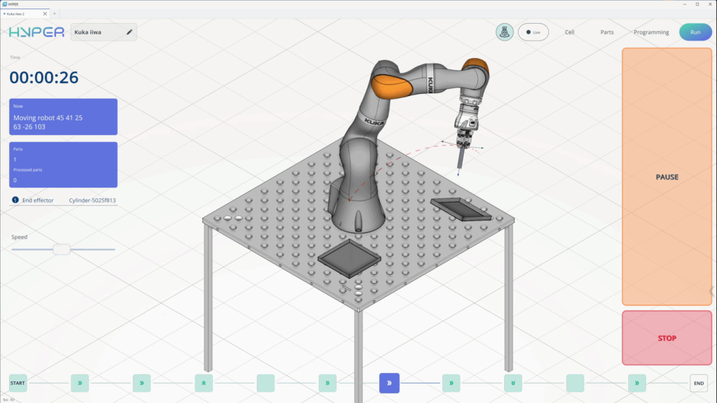 KUKA iiwa 7-axis collaborative robot programmed for machine tending in ENCY Hyper simulation