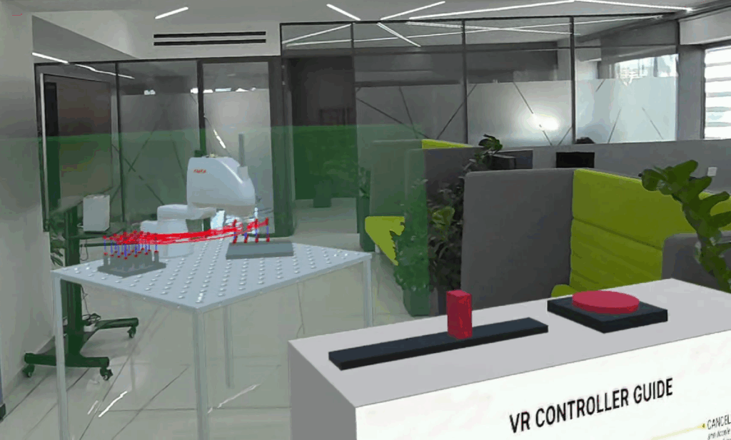 Mixed-reality view of a virtual KUKA robotic cell placed inside a real office space for on-site validation