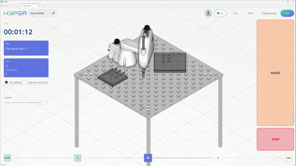 SCARA KUKA 4-axis palletizing robot placing cylindrical parts between two fixture plates in ENCY Hyper