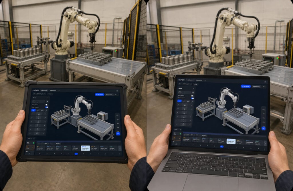 ENCY Hyper running on a tablet and a laptop beside an industrial robotic cell