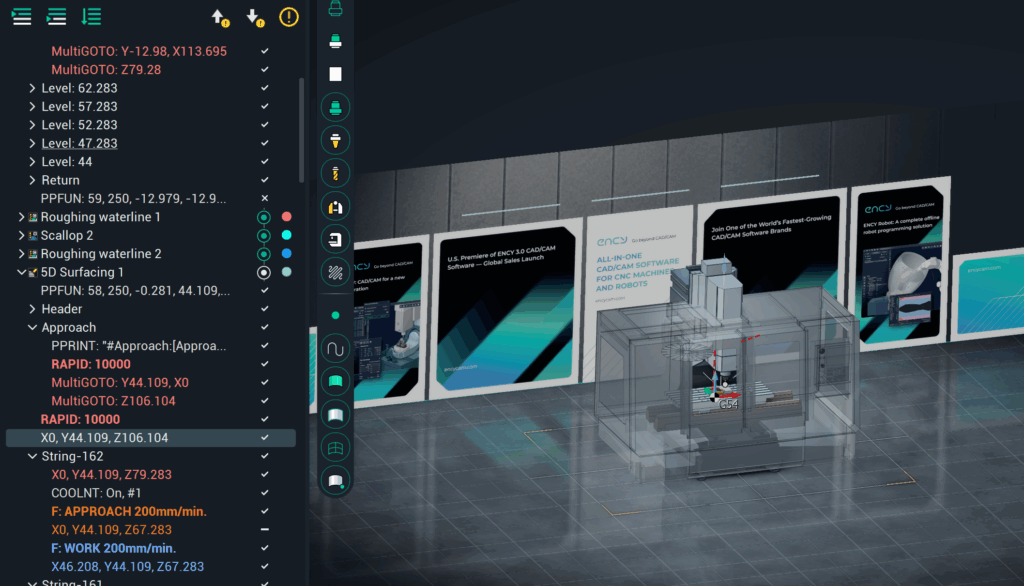 ENCY CAM Studio dark theme — semi-transparent enclosed CNC milling machine with G54 origin in virtual showroom