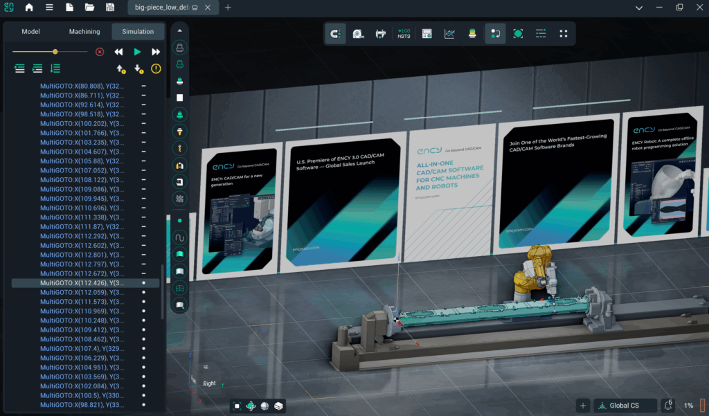 ENCY Robot Studio dark theme — six-axis industrial robot with milling spindle machining a long teal beam between a headstock and tailstock positioner in a virtual ENCY showroom