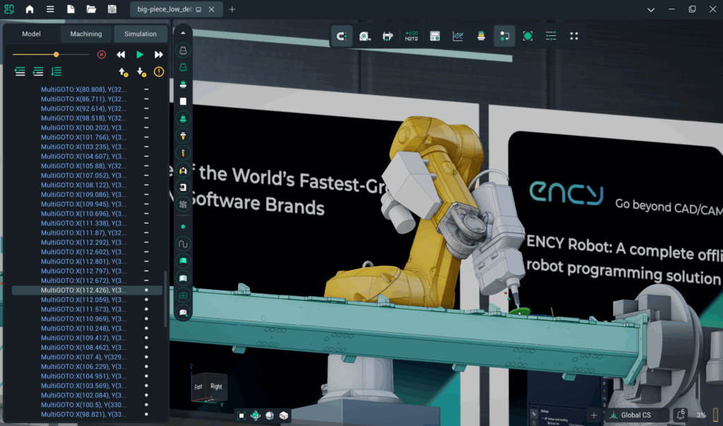 ENCY Robot Studio dark theme — close-up of yellow six-axis robot with milling spindle in a rendered ENCY booth environment