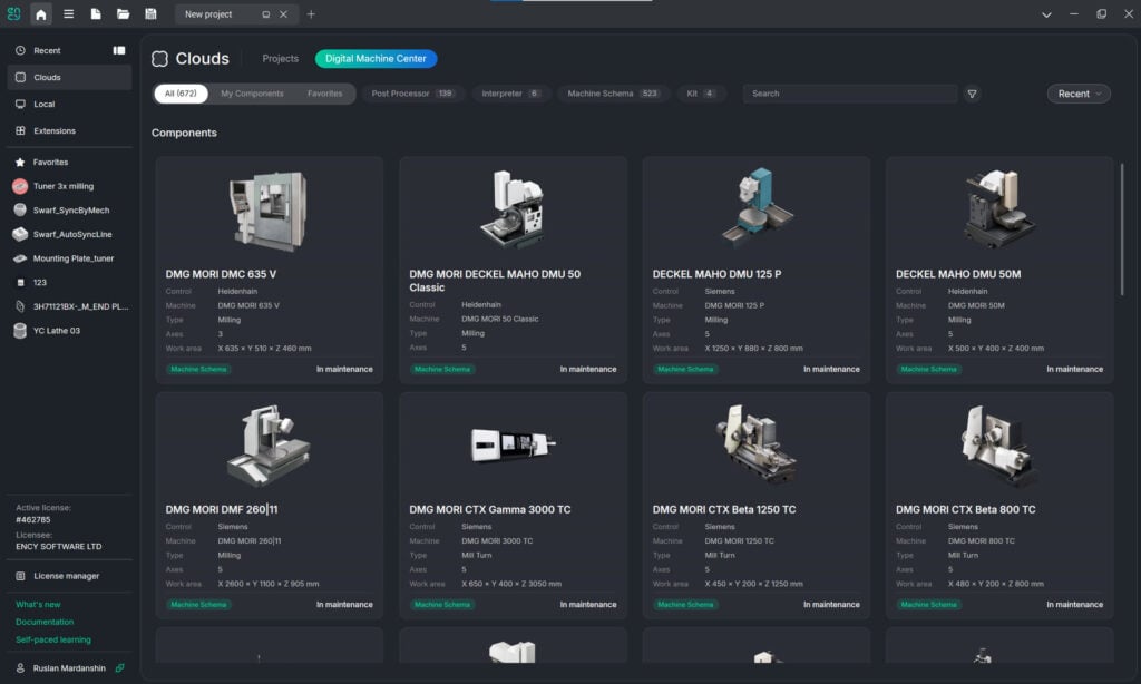 ENCY 3.0 Digital Machine Center — catalog of postprocessors, kinematic models, NC interpreters, and Machine Kits