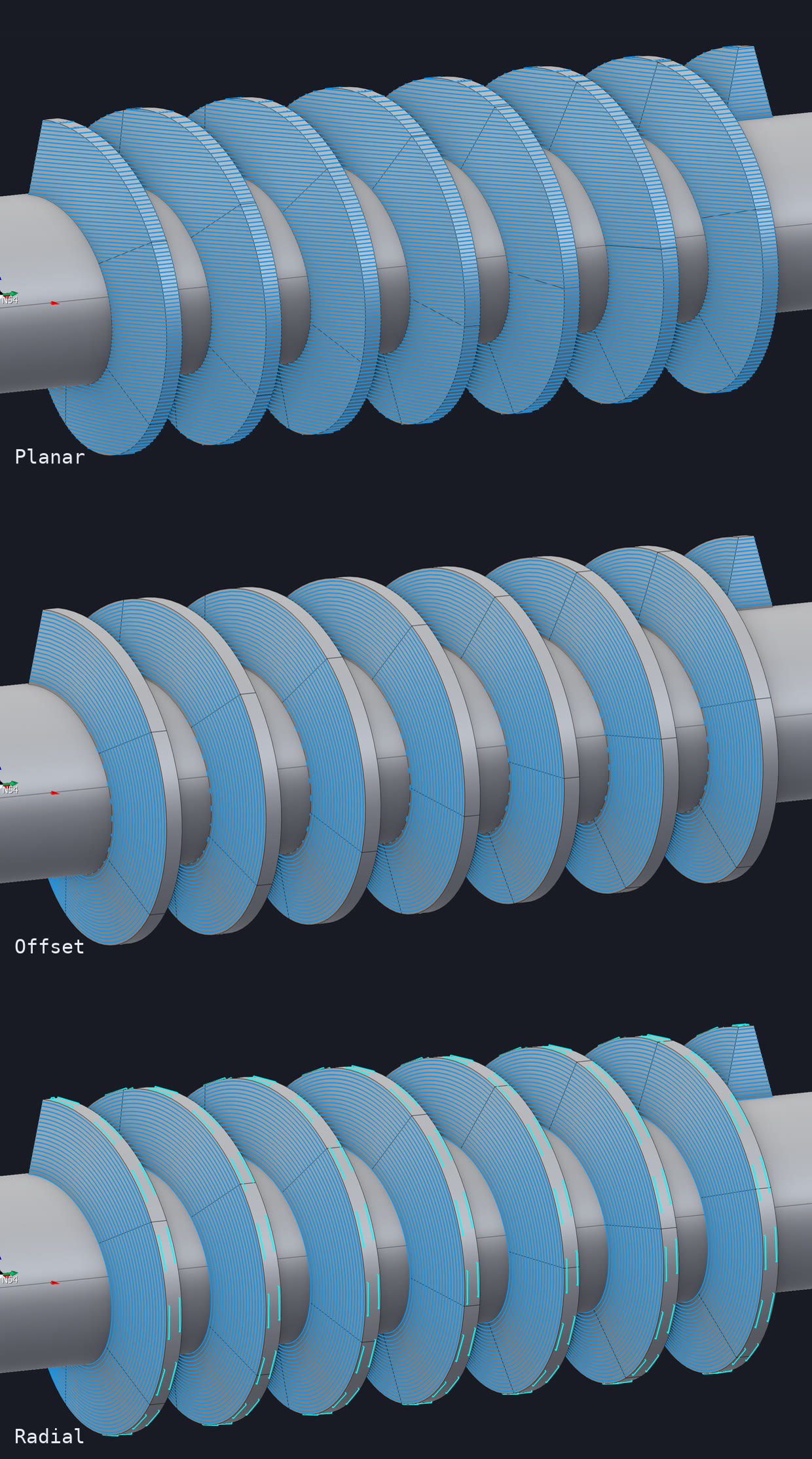 The same part sliced three ways: Planar, Offset and Radial