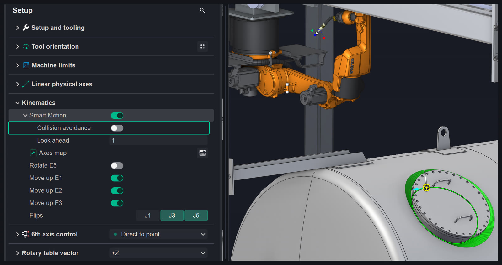 Kinematics panel with Collision avoidance highlighted next to a KUKA robot machining a large flanged vessel.