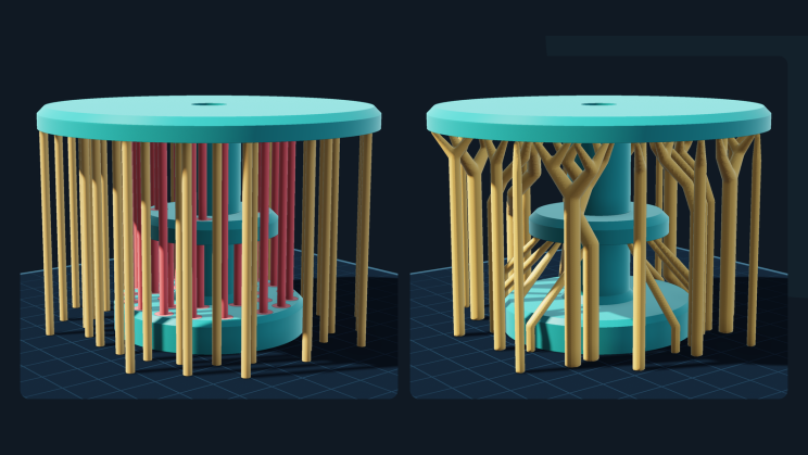 Straight support columns landing on the part compared with tree supports reaching the build plate