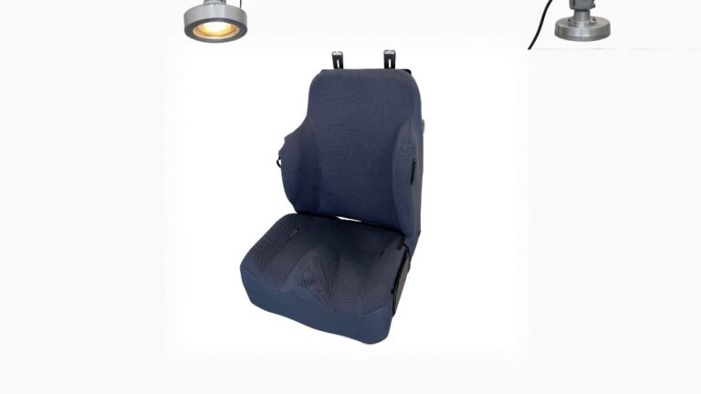 A blue contoured fabric and foam seat cushion assembly, likely for automotive seating, shown from a side angle.
