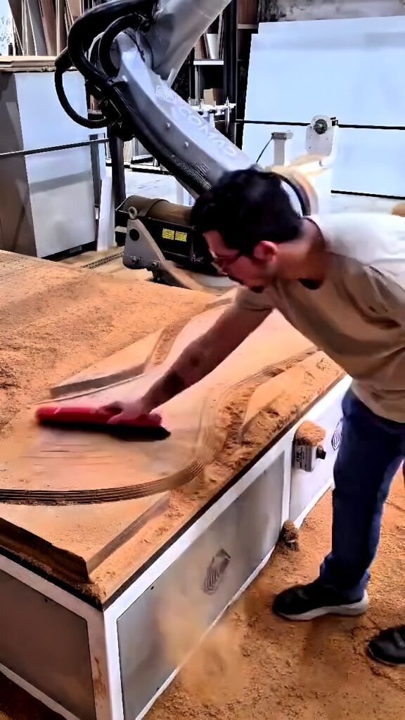 A six-axis Comau industrial robot CNC milling a contoured plywood blank while an operator brushes away wood chips