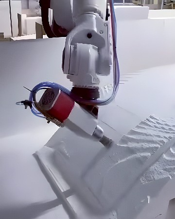 Six-axis industrial robot arm carving a detailed relief into a large foam block with a high-speed milling tool