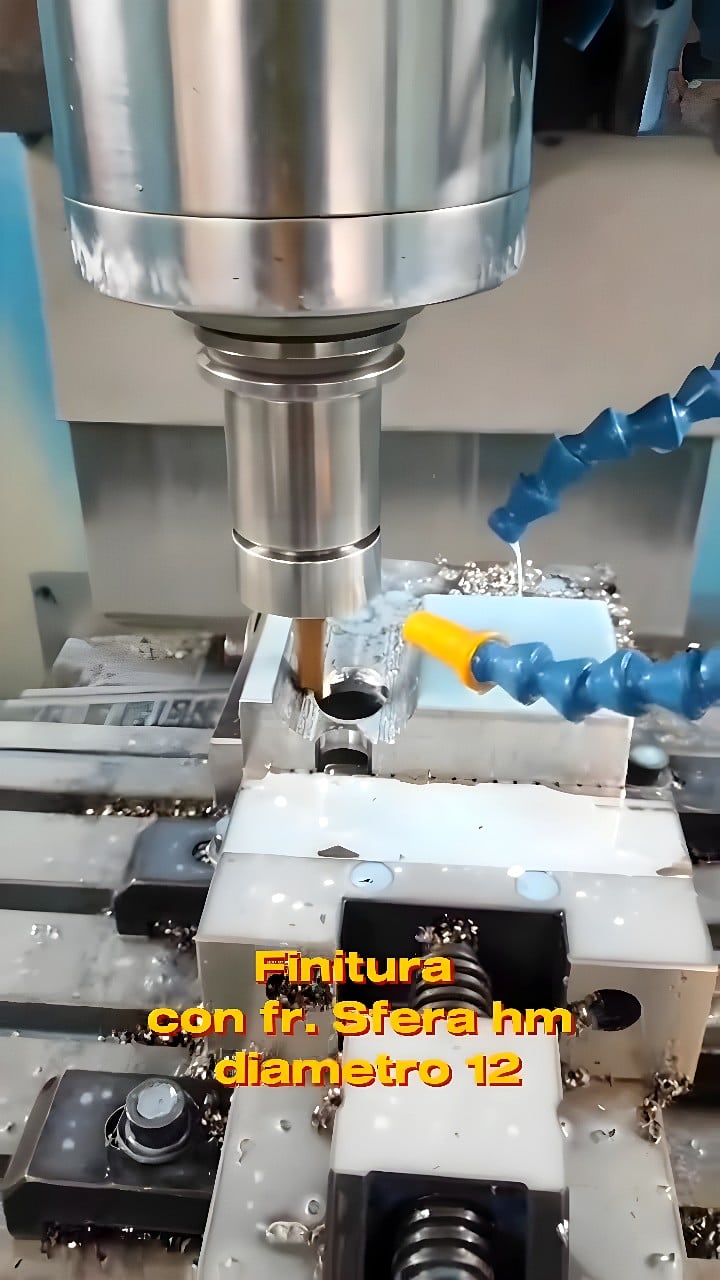 Vertical CNC milling machine performing a finishing pass with a carbide ball-nose cutter on an aluminum block in a precision fixture under coolant