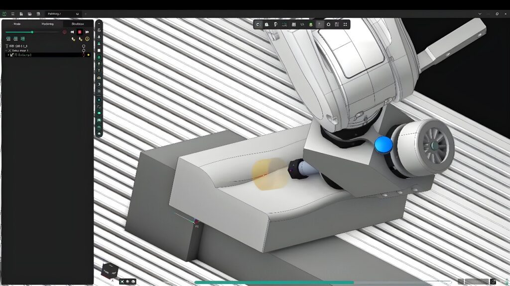 Six-axis robotic machining cell pocket-milling a metal block on a T-slot table