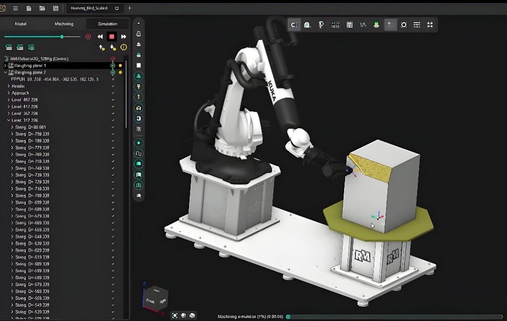 Six-axis industrial robot beside an octagonal rotary indexing table holding cylindrical metal test coupons inside an enclosed laser-cladding cell