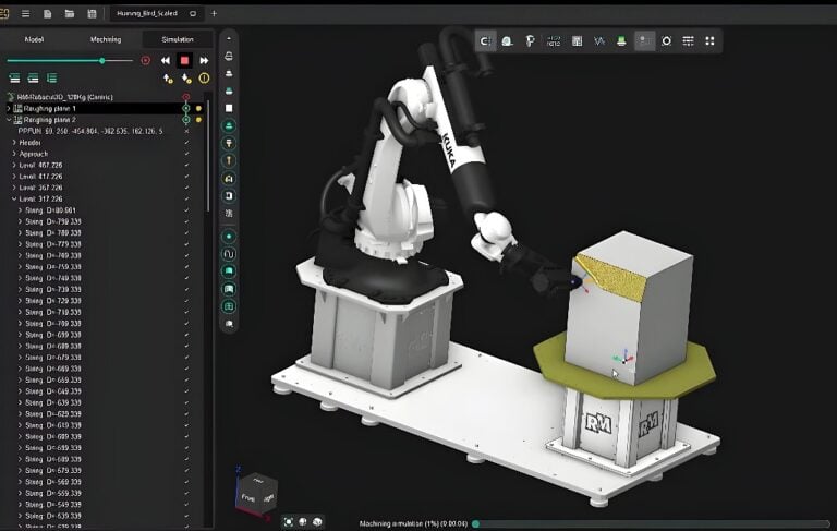 Six-axis industrial robot beside an octagonal rotary indexing table holding cylindrical metal test coupons inside an enclosed laser-cladding cell