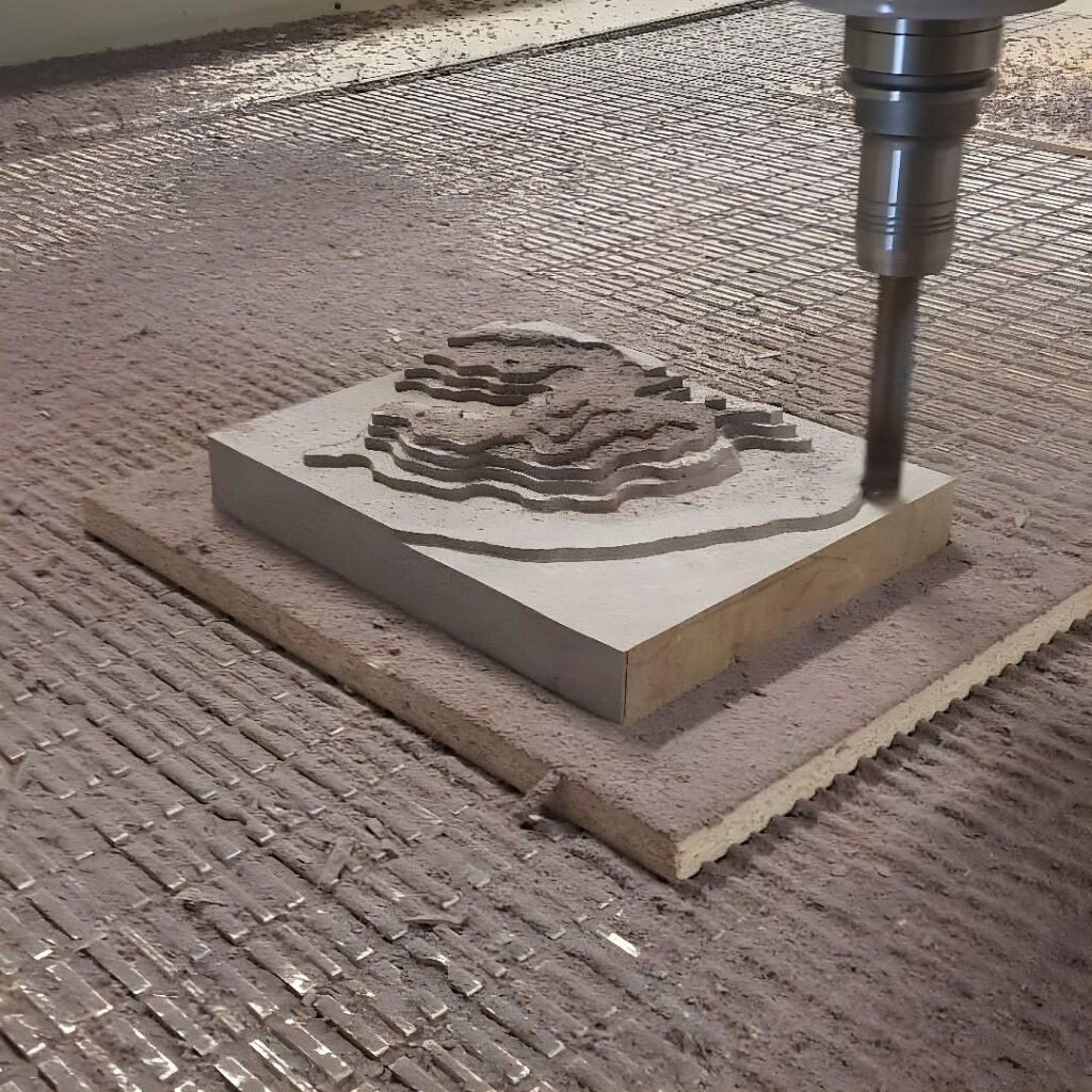 3-axis CNC router spindle cutting a stepped topographic relief into a rectangular block, producing terrain-like contours