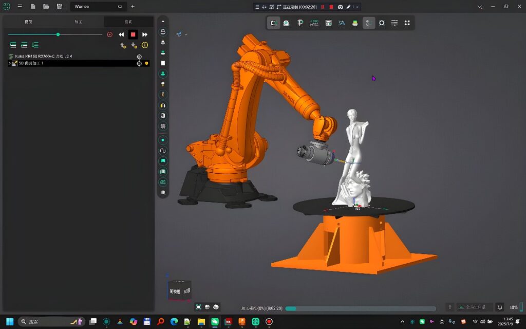 KUKA KR150 R2700 industrial robot performing 5-axis milling on a statue in a CAM simulation