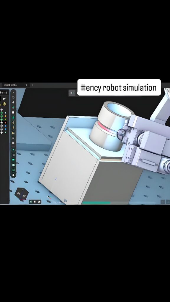 Six-axis robot welding a cylindrical metal part in a digital simulation