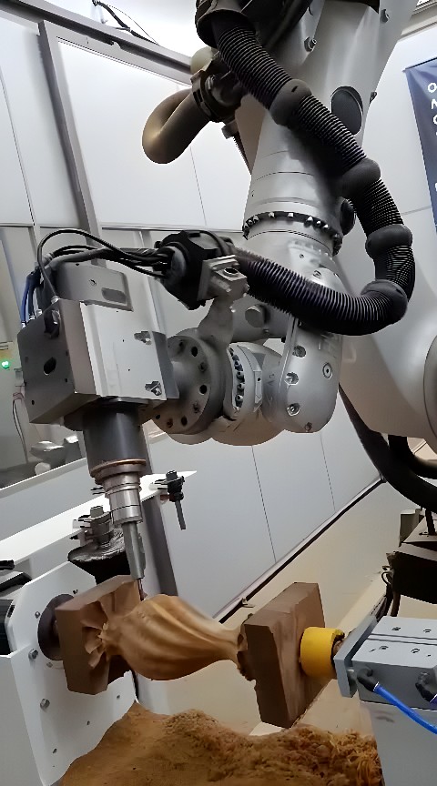Six-axis industrial robot with CNC spindle carving a helical wooden workpiece in a manufacturing cell
