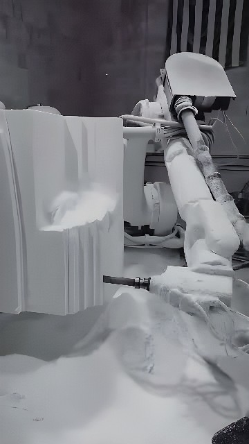 Six-axis industrial robot arm CNC milling a large white foam block in a workshop