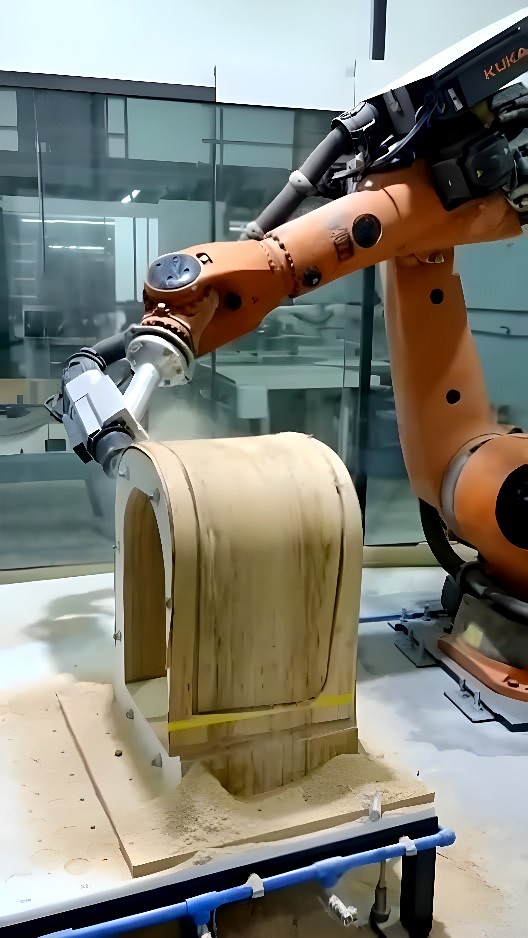 Six-axis KUKA robotic arm CNC milling a U-shaped laminated plywood arch