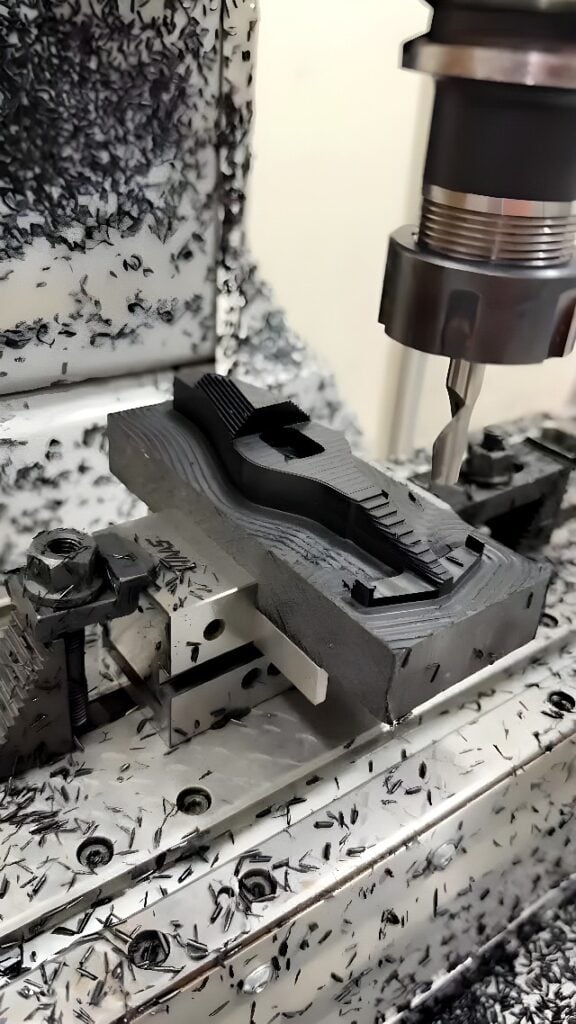 Vertical CNC milling machine cutting a black polymer block clamped in a precision vise with a multi-flute end mill producing fine polymer chips
