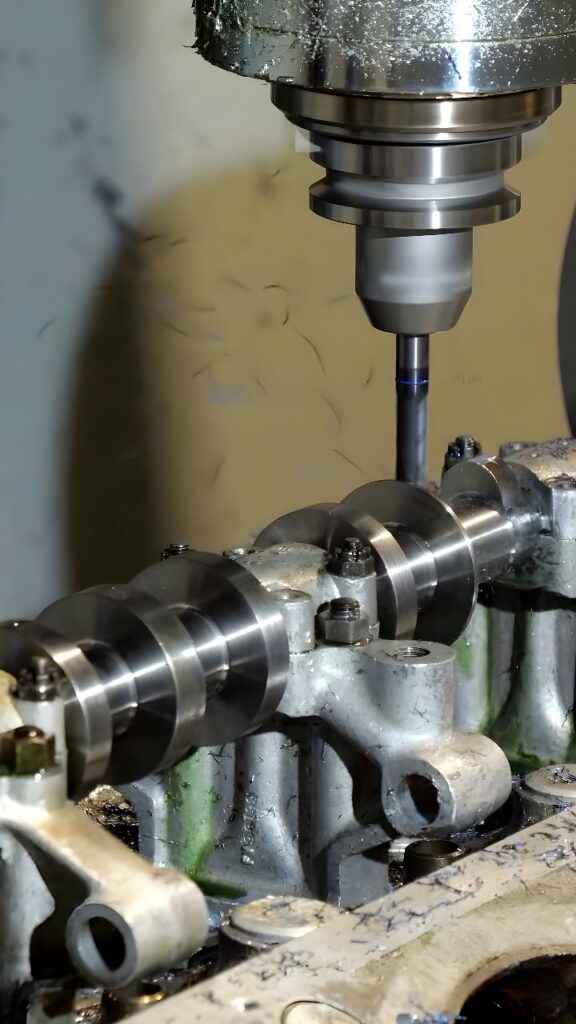 CNC milling machine cutting steel camshaft with end mill and metal chips