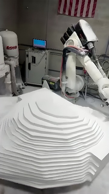 Six-axis industrial robot arm milling a stepped foam block with dust extraction and computer workstation visible