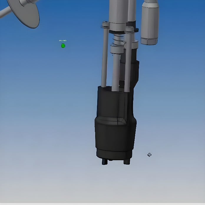CAD rendering of a vertical CNC milling machine machining a dark housing with a spindle-mounted end mill