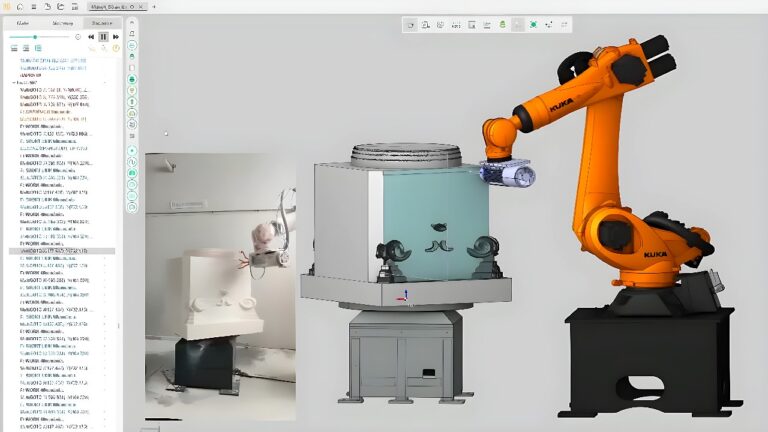 KUKA six-axis industrial robot with rotary finishing head machining a rectangular metal block on a four-position index table alongside CAM simulation