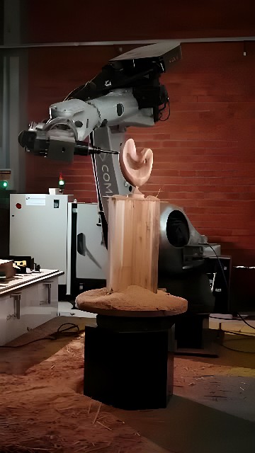 Six-axis industrial robot arm CNC-milling a solid wood block with a spinning end-mill