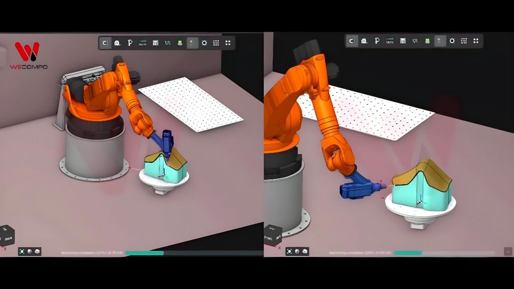 Orange six-axis industrial robot with spindle tool milling a complex mold on a rotary fixture in a CAM simulation
