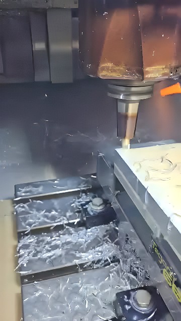 Vertical CNC milling machine cutting an aluminum block with end mill and coolant spray