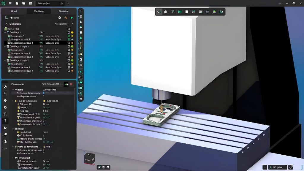 Vertical CNC milling machine roughing a rectangular metal workpiece with circular pockets using a toroidal end mill
