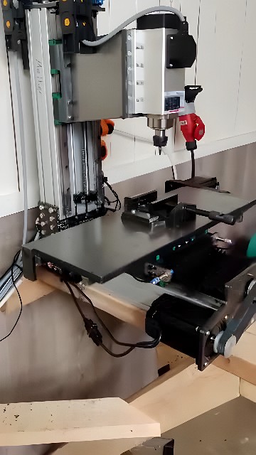 Benchtop CNC milling machine performing precision milling on an aluminum block clamped in a vise