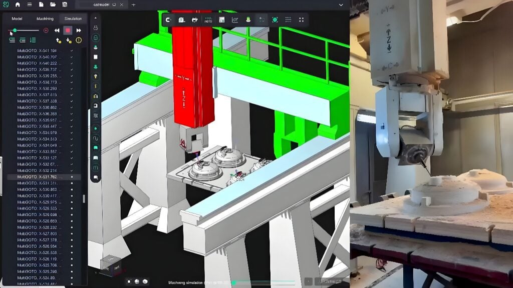 Gantry-style five-axis CNC mill machining foam mold patterns with CAM simulation overlay