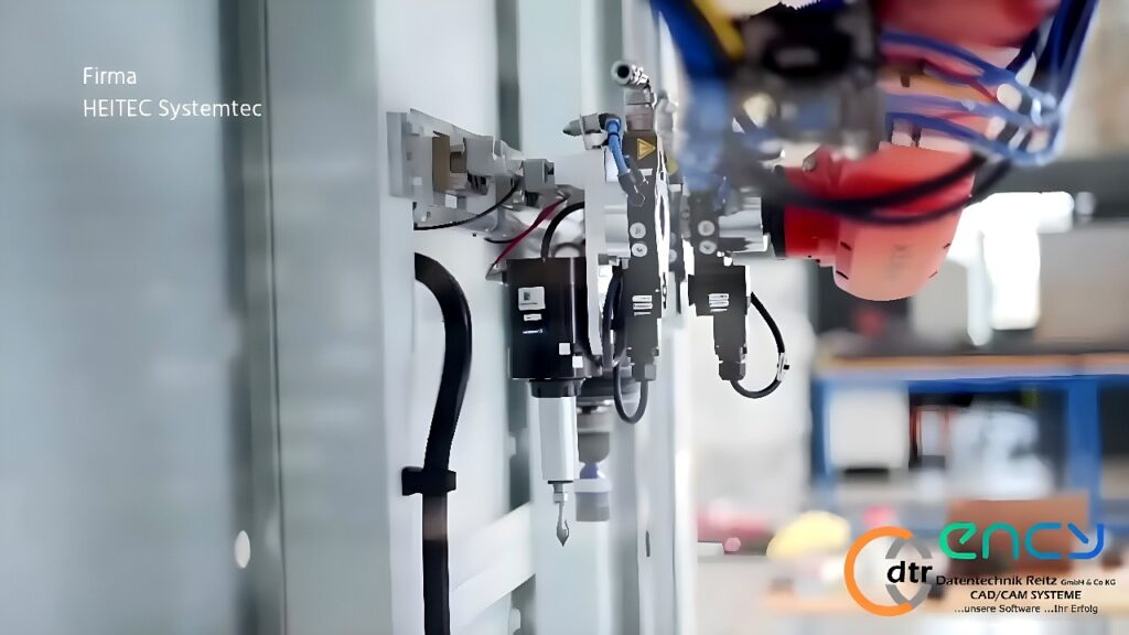 Orange six‑axis industrial robot arm performing automated drilling on an aluminum sheet mounted in a fixture