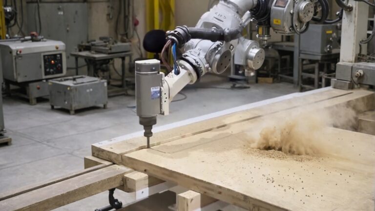 Industrial robot arm CNC routing straight channels into particle-board panel