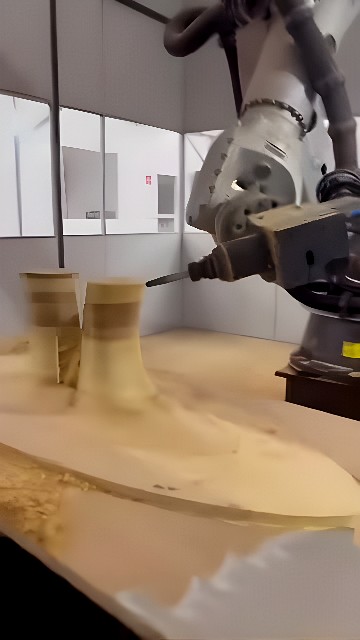 Six-axis robotic arm CNC milling two wooden boot-shaped prototypes with wood chips flying