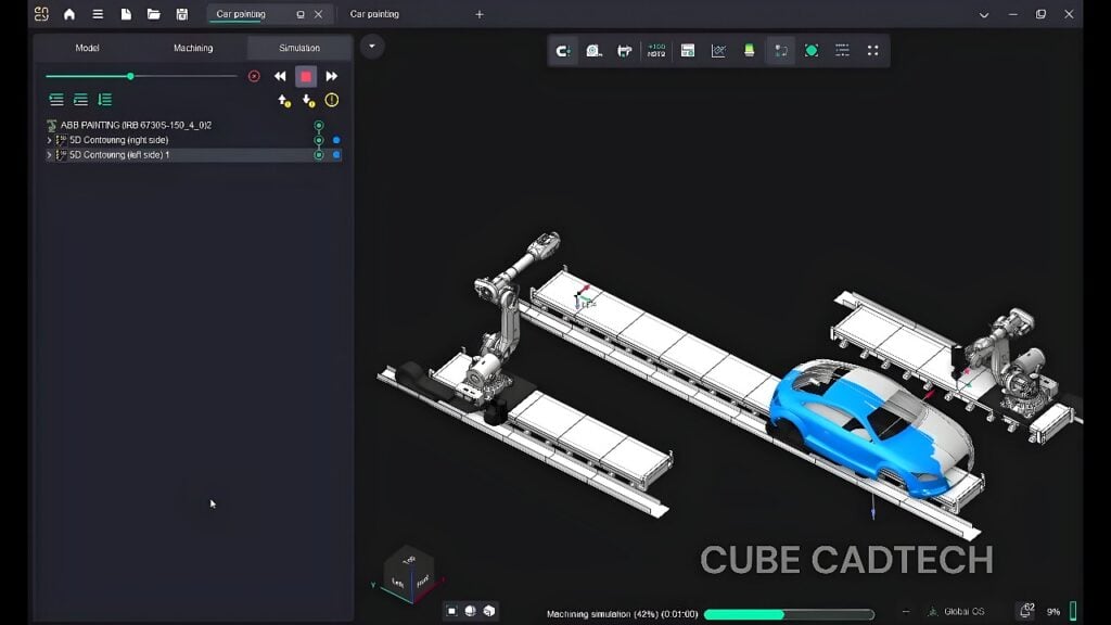 Two rail-mounted ABB IRB 6730S industrial robots applying blue spray coating to an automotive body shell on a conveyor in a CAD/CAM simulation