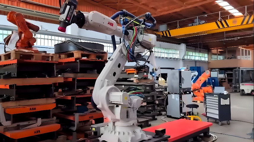 ABB six-axis robotic arm laser welding a flat steel plate on a red worktable in a factory