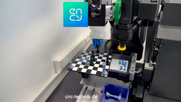 Articulated robotic arm with vacuum-style adaptive gripper picking up 3D-printed chess pieces from a checkered positioning table