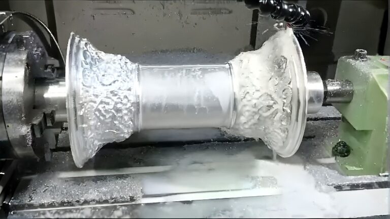 CNC turning center machining a cylindrical aluminum workpiece with bell-shaped flanges, coolant flooding the cutting zone.