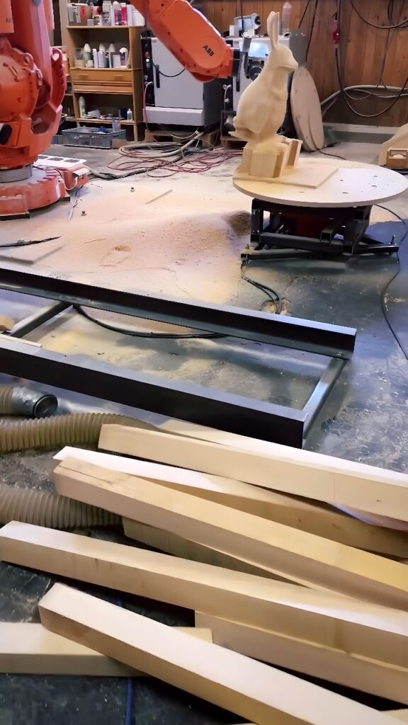 Orange ABB six-axis industrial robot milling a wooden rabbit sculpture on a rotary table in a workshop