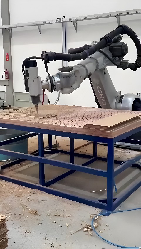 Six-axis industrial robot arm CNC-milling stacked wood panels on a steel worktable